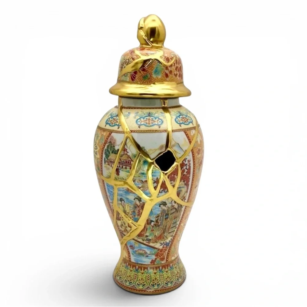 Kintsugi Vase 11” Temple Jar Satsuma-Style Gold Crack Art Personal Growth Gift